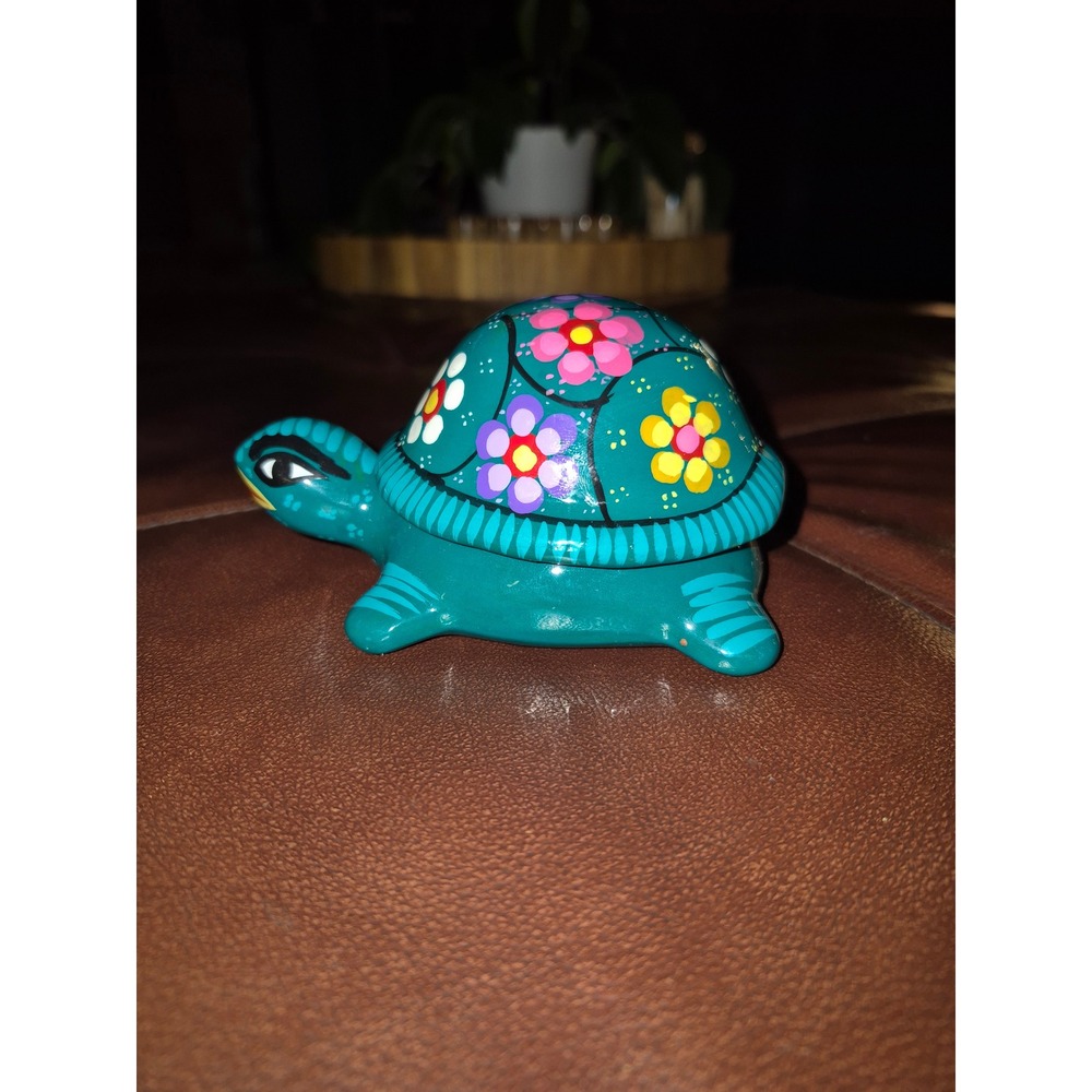 Hand Painted Turtle Trinket Box Mexican Folk Art Style Floral Terracotta gift